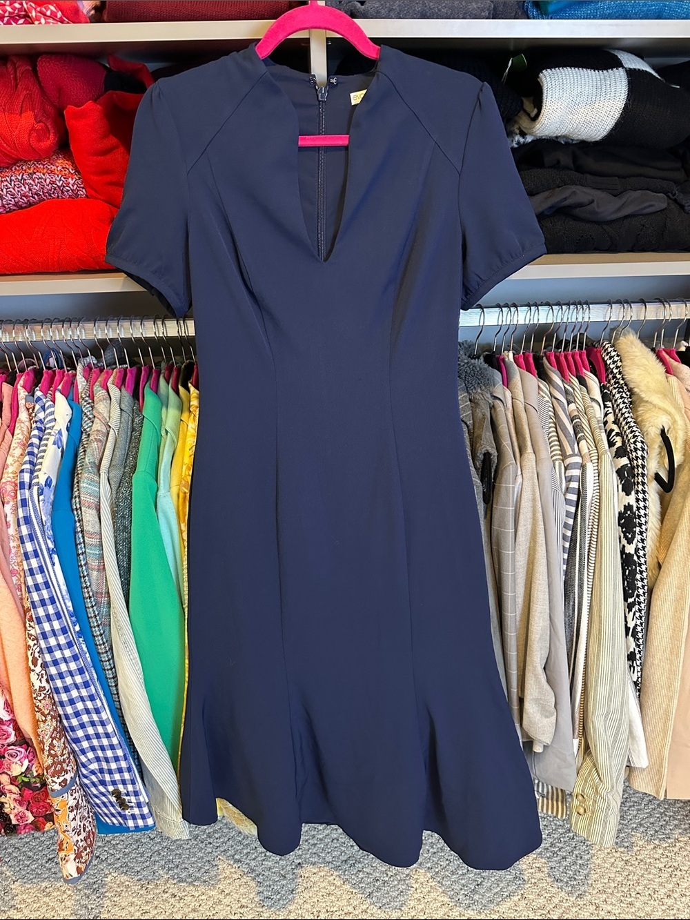 Eva Mendes navy short sleeve lined asymmetrical hem midi dress size S